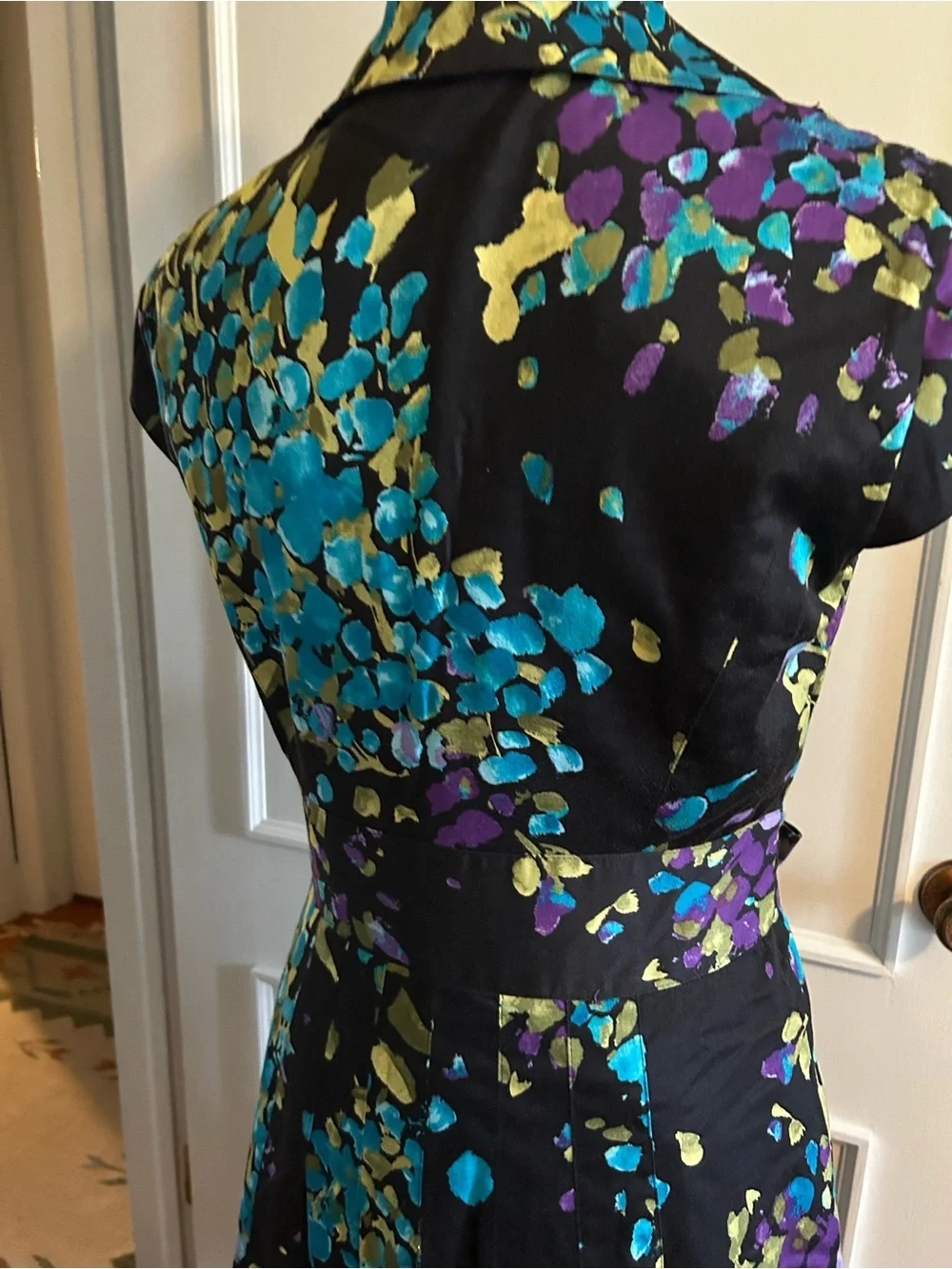 Black Floral Tie-Waist Shirt Dress with Teal and Purple Accents